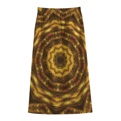 Golden Kaleidoscope Print Cotton Front Slit Maxi Skirt