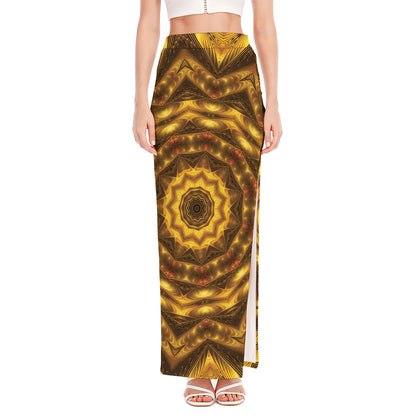 Golden Kaleidoscope Print High Slit Maxi Skirt
