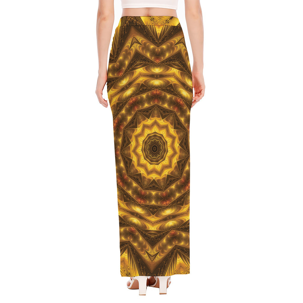 Golden Kaleidoscope Print High Slit Maxi Skirt