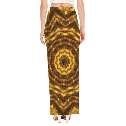 Golden Kaleidoscope Print High Slit Maxi Skirt