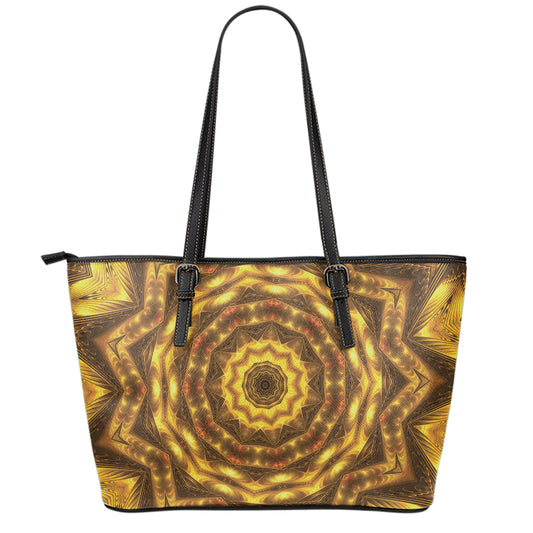 Golden Kaleidoscope Print Leather Tote Bag