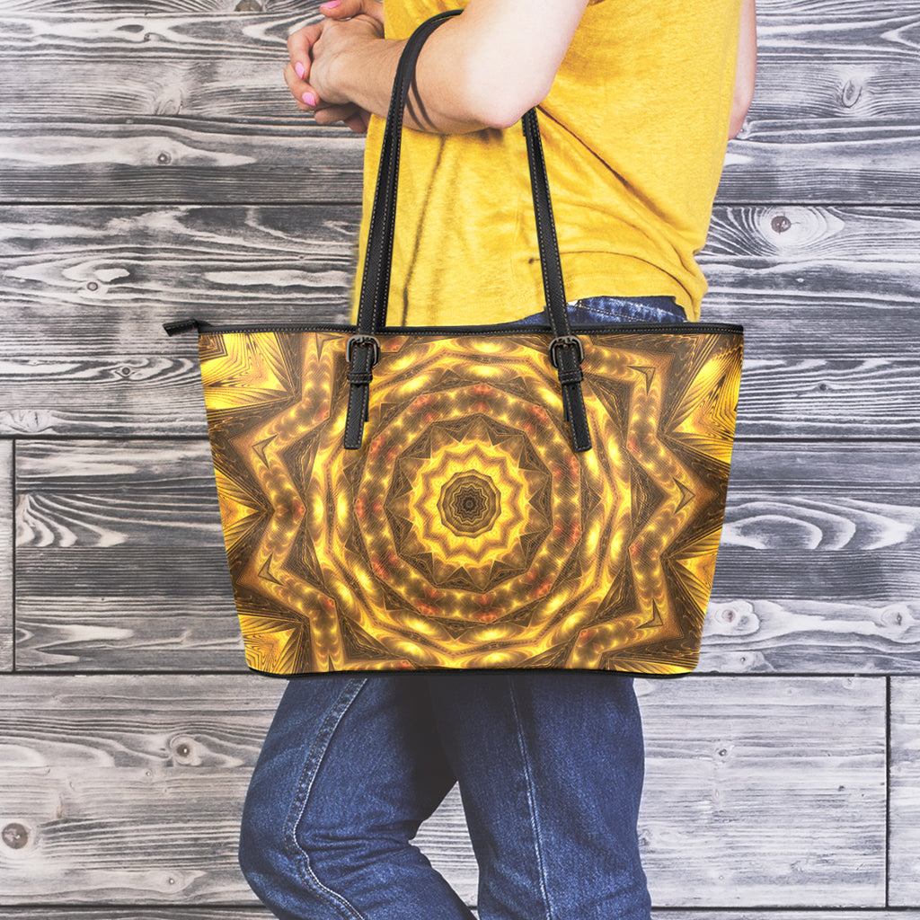 Golden Kaleidoscope Print Leather Tote Bag