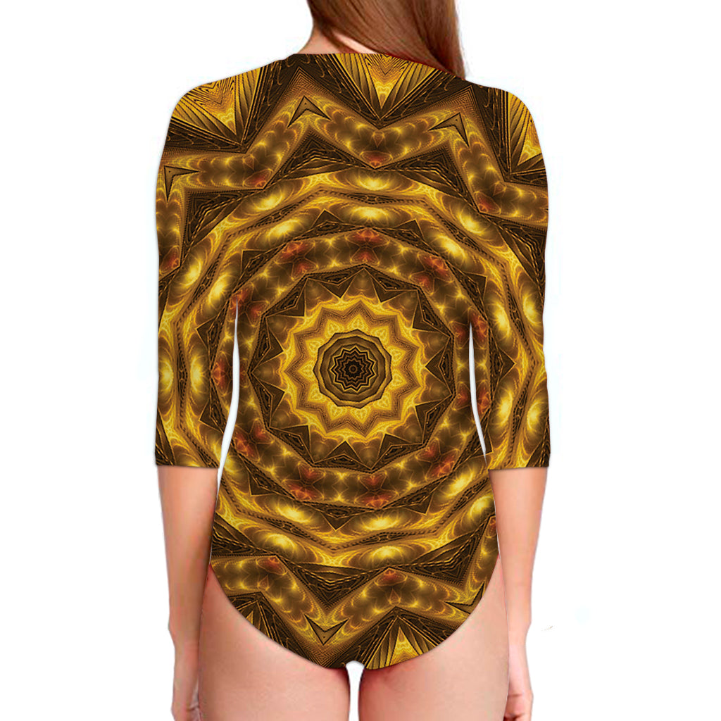Golden Kaleidoscope Print Long Sleeve Swimsuit