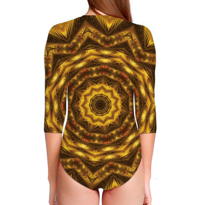 Golden Kaleidoscope Print Long Sleeve Swimsuit