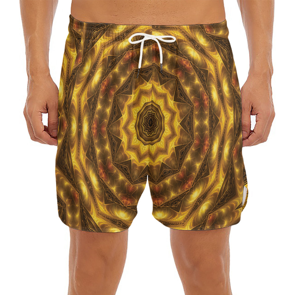 Golden Kaleidoscope Print Men's Split Running Shorts