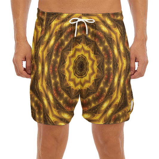 Golden Kaleidoscope Print Men's Split Running Shorts