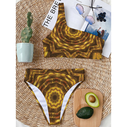 Golden Kaleidoscope Print One Shoulder Bikini Top