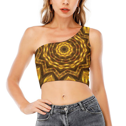 Golden Kaleidoscope Print One Shoulder Crop Top