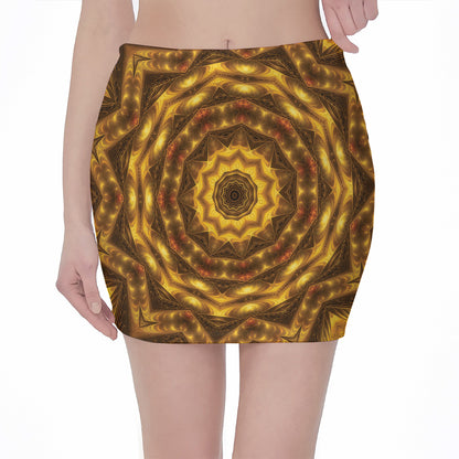 Golden Kaleidoscope Print Pencil Mini Skirt