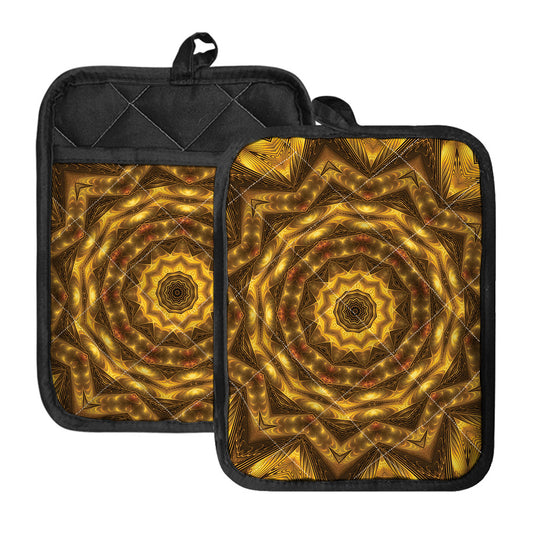 Golden Kaleidoscope Print Pot Holders With Pocket