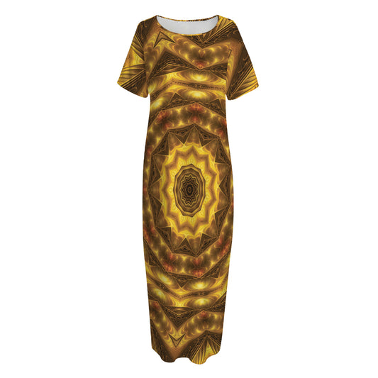 Golden Kaleidoscope Print Short Sleeve Long Nightdress