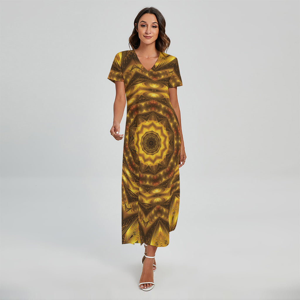 Golden Kaleidoscope Print Short Sleeve Maxi Dress