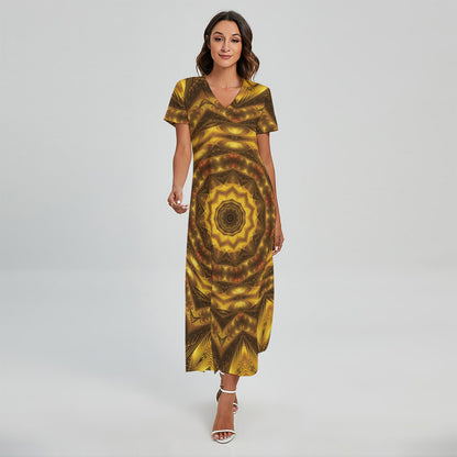 Golden Kaleidoscope Print Short Sleeve Maxi Dress