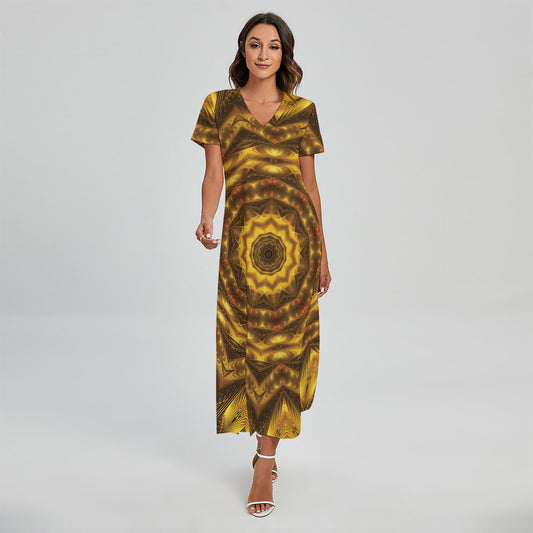 Golden Kaleidoscope Print Short Sleeve Maxi Dress