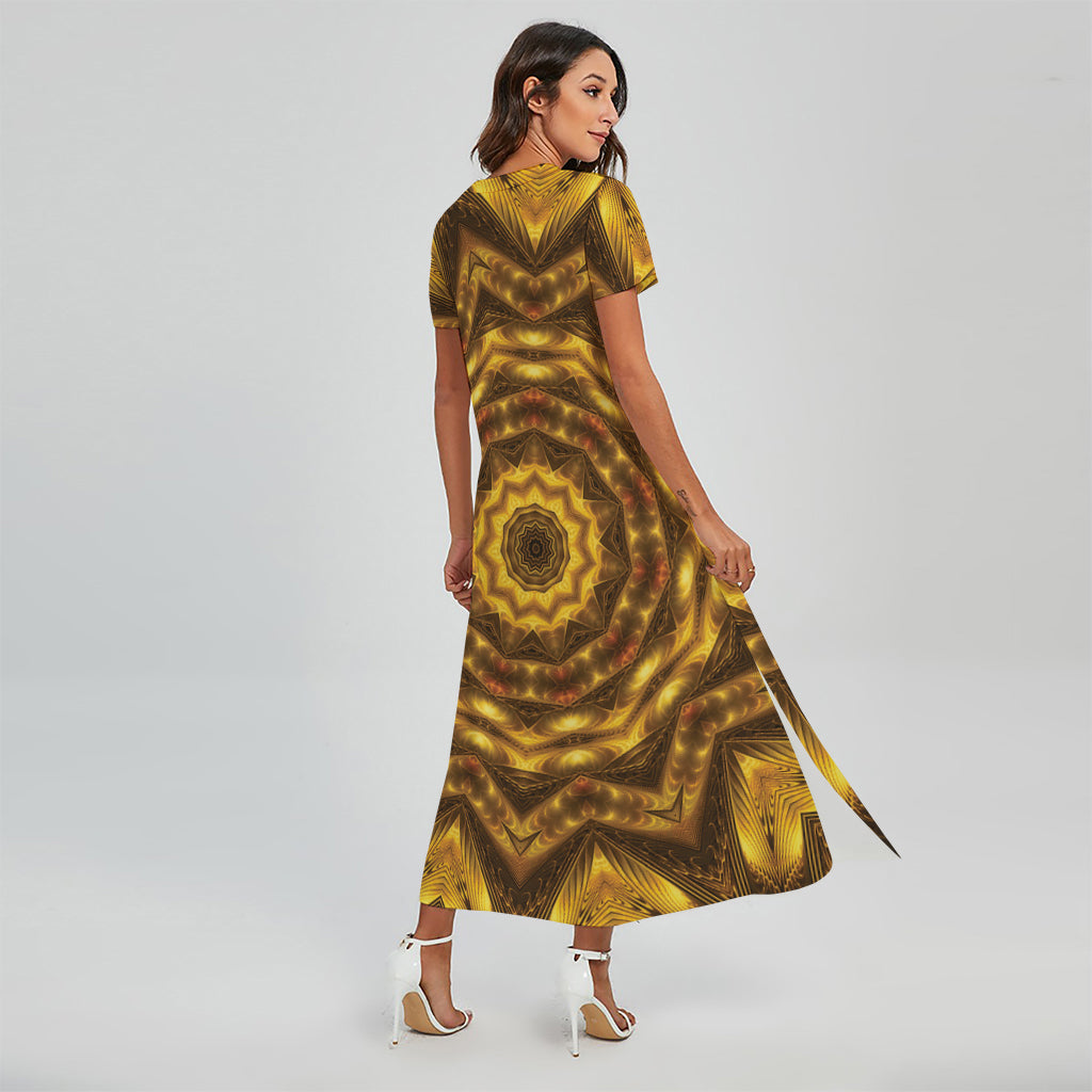 Golden Kaleidoscope Print Short Sleeve Maxi Dress