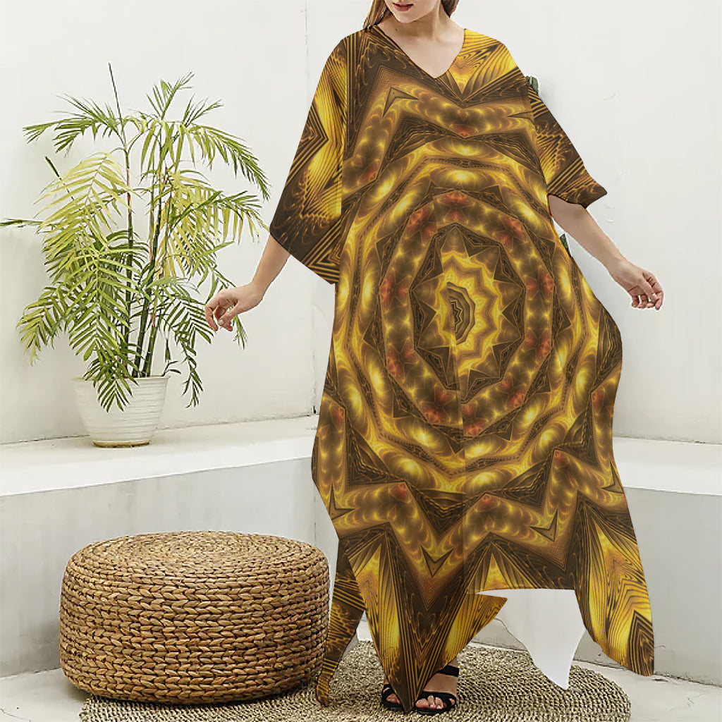 Golden Kaleidoscope Print Silk V-Neck Kaftan Dress