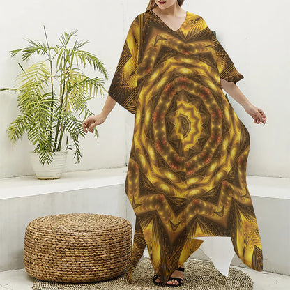 Golden Kaleidoscope Print Silk V-Neck Kaftan Dress