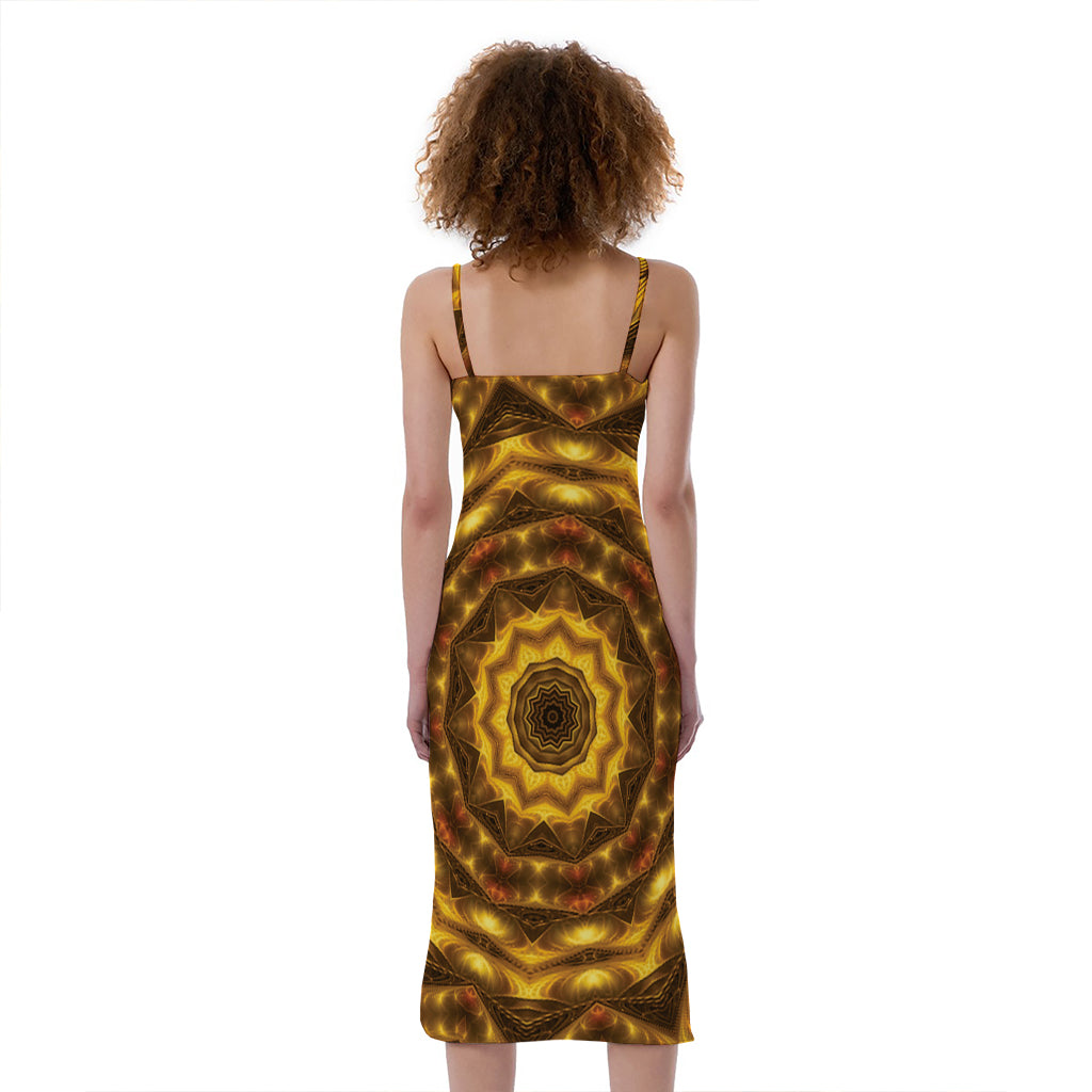 Golden Kaleidoscope Print Slim Fit Midi Cami Dress