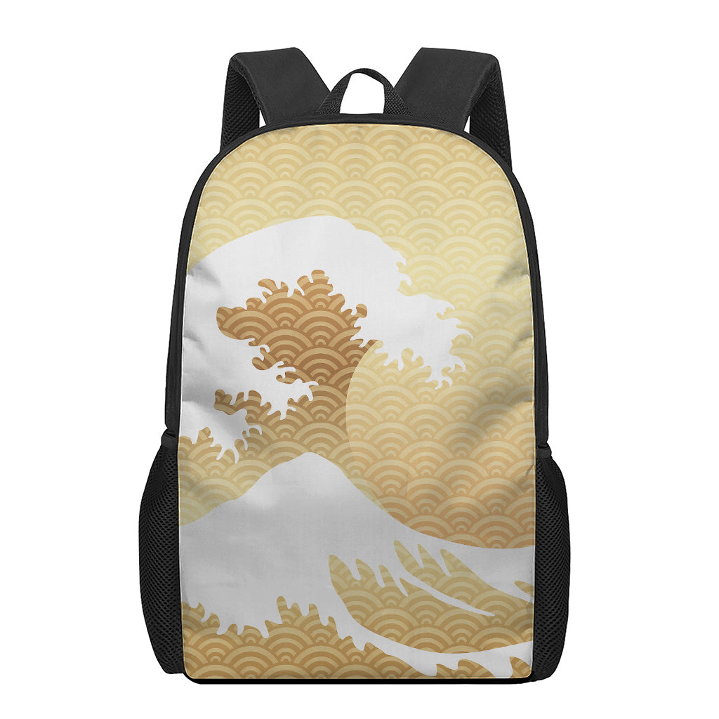 Golden Kanagawa Wave Print 17 Inch Backpack