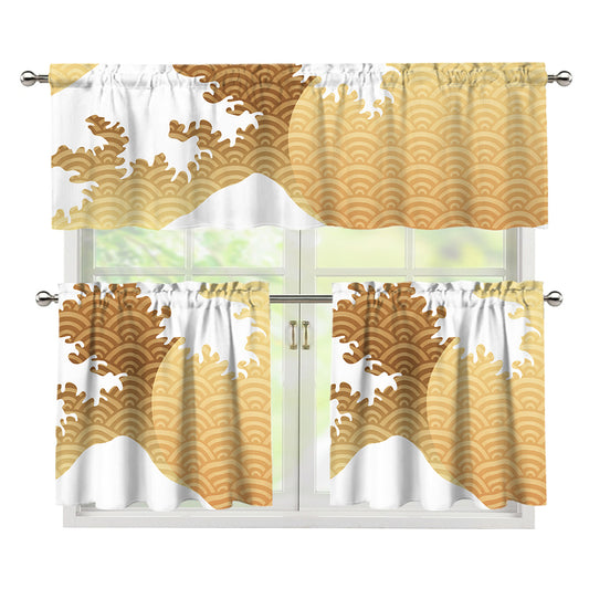 Golden Kanagawa Wave Print 3 Piece Kitchen Curtains