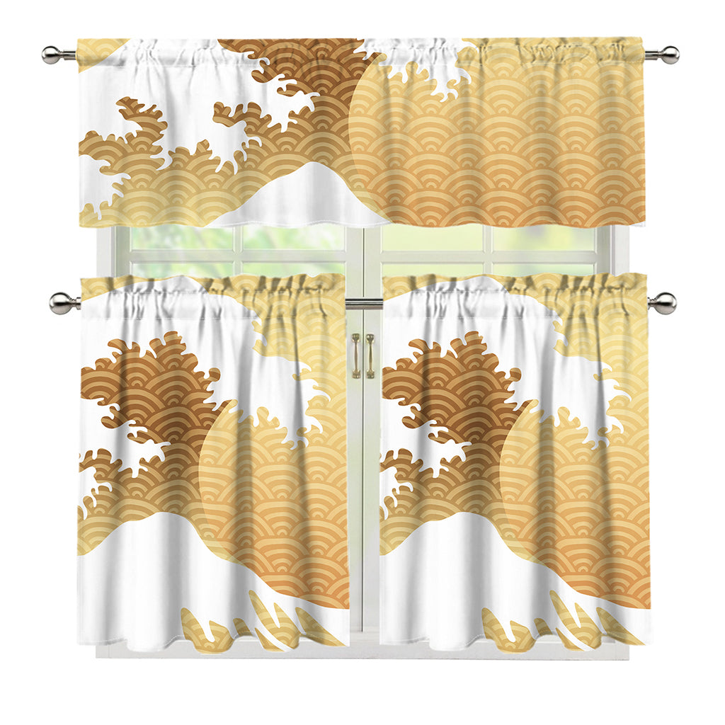 Golden Kanagawa Wave Print 3 Piece Kitchen Curtains