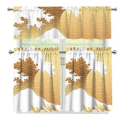 Golden Kanagawa Wave Print 3 Piece Kitchen Curtains