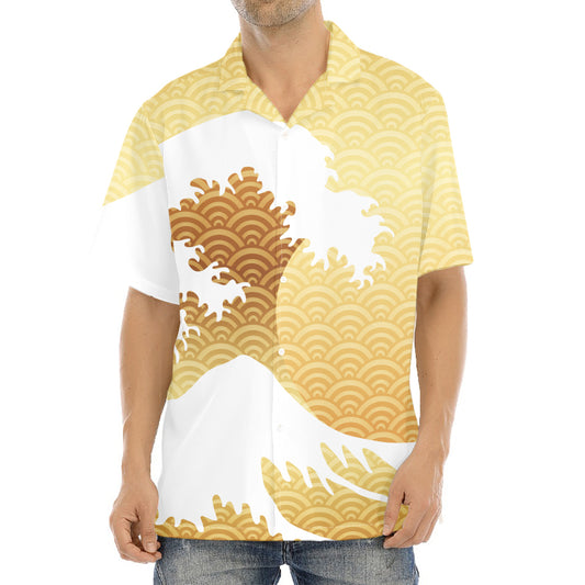 Golden Kanagawa Wave Print Aloha Shirt