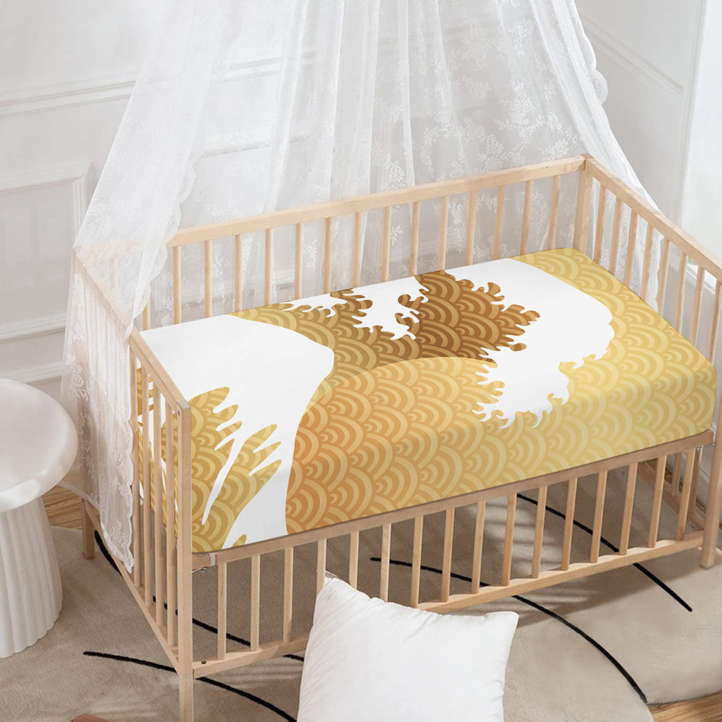 Golden Kanagawa Wave Print Baby Crib Sheet