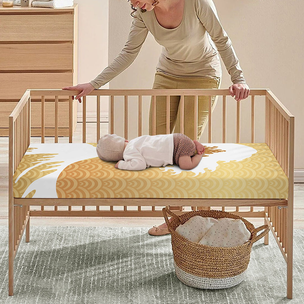 Golden Kanagawa Wave Print Baby Crib Sheet