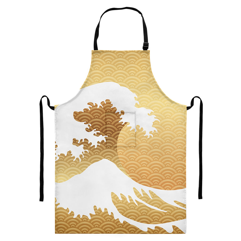 Golden Kanagawa Wave Print Bib Apron With Pocket