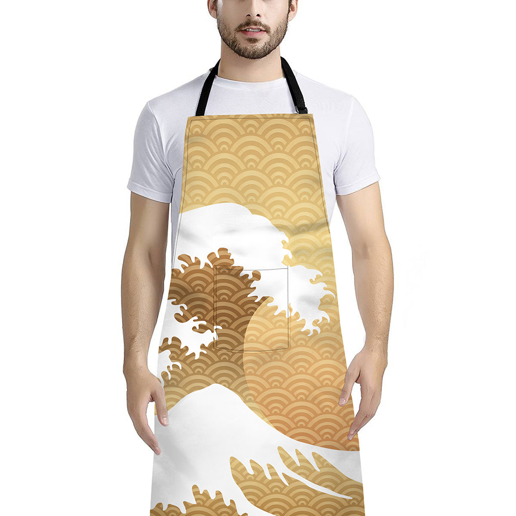 Golden Kanagawa Wave Print Bib Apron With Pocket
