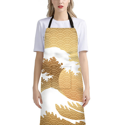 Golden Kanagawa Wave Print Bib Apron With Pocket
