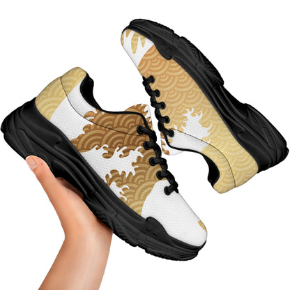 Golden Kanagawa Wave Print Black Chunky Shoes