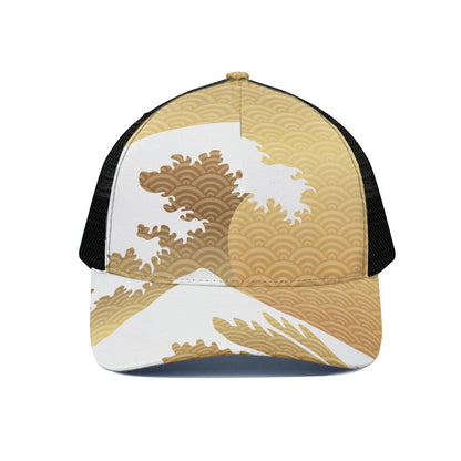 Golden Kanagawa Wave Print Black Mesh Trucker Cap