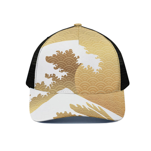 Golden Kanagawa Wave Print Black Mesh Trucker Cap