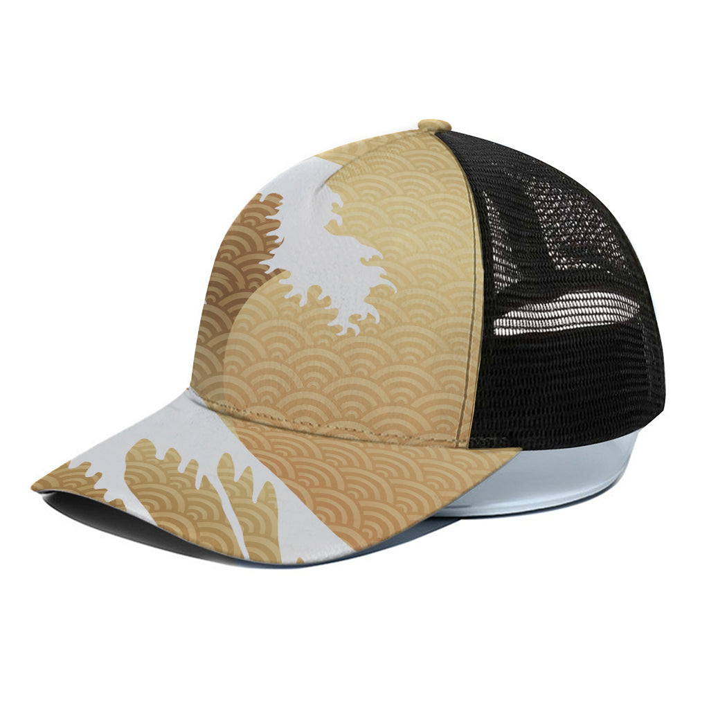Golden Kanagawa Wave Print Black Mesh Trucker Cap