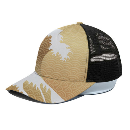 Golden Kanagawa Wave Print Black Mesh Trucker Cap