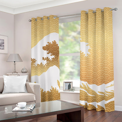 Golden Kanagawa Wave Print Blackout Grommet Curtains