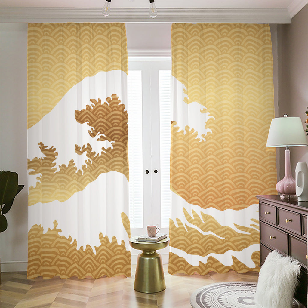 Golden Kanagawa Wave Print Blackout Pencil Pleat Curtains