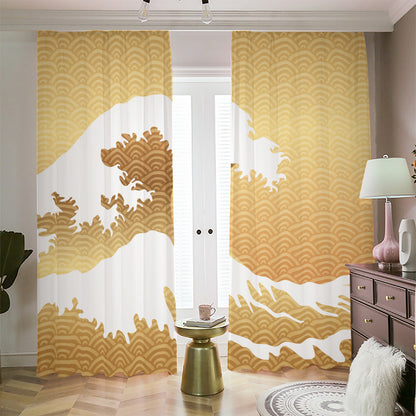 Golden Kanagawa Wave Print Blackout Pencil Pleat Curtains