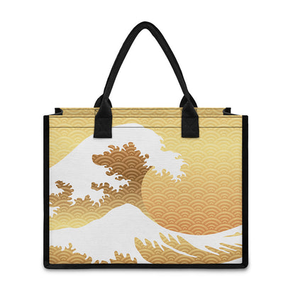 Golden Kanagawa Wave Print Canvas Tote Bag