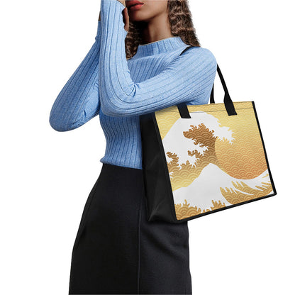 Golden Kanagawa Wave Print Canvas Tote Bag
