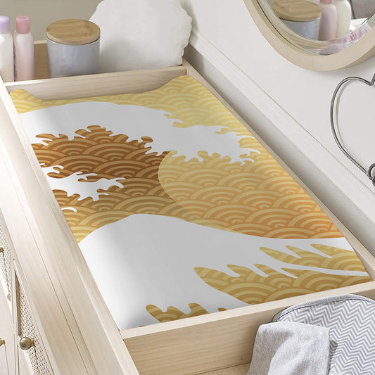 Golden Kanagawa Wave Print Changing Pad Cover