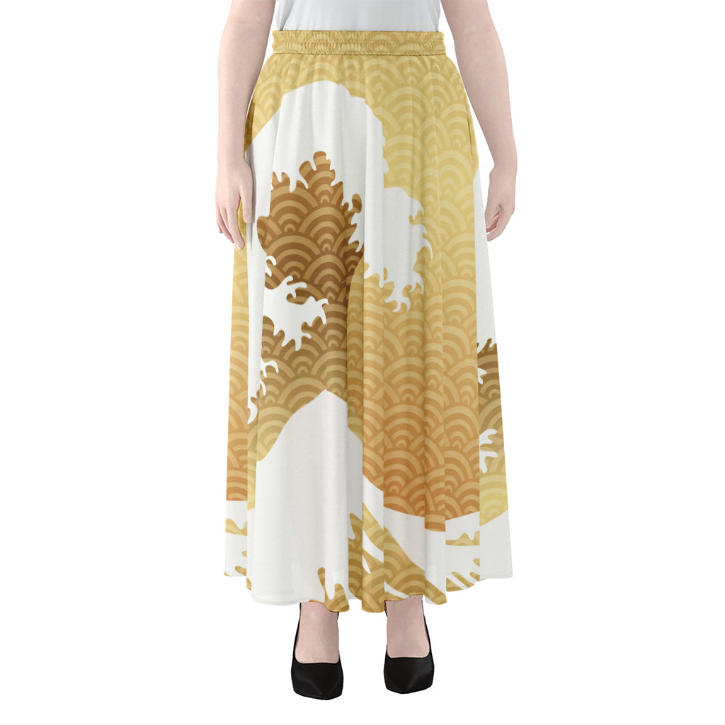 Golden Kanagawa Wave Print Chiffon Maxi Skirt
