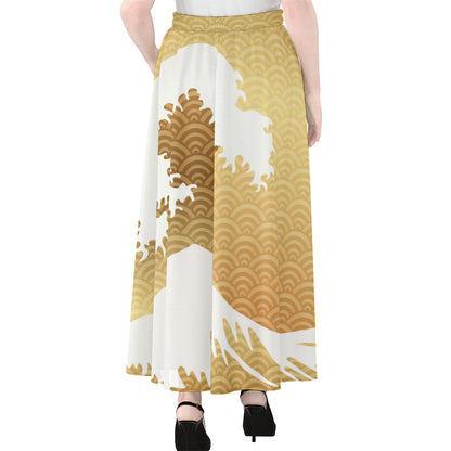 Golden Kanagawa Wave Print Chiffon Maxi Skirt