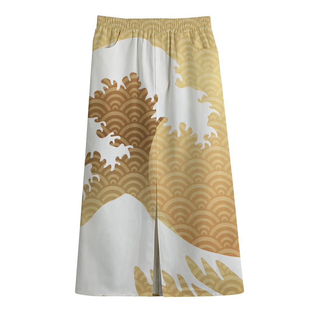Golden Kanagawa Wave Print Cotton Front Slit Maxi Skirt