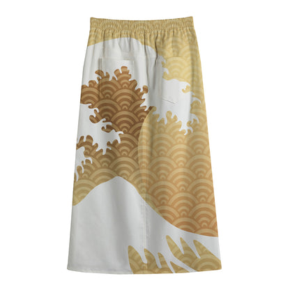Golden Kanagawa Wave Print Cotton Front Slit Maxi Skirt