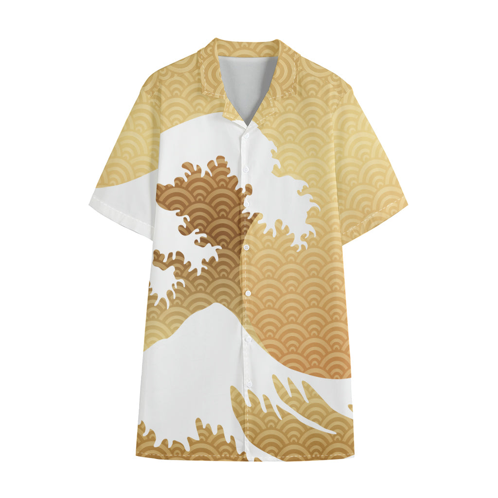 Golden Kanagawa Wave Print Cotton Hawaiian Shirt
