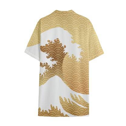 Golden Kanagawa Wave Print Cotton Hawaiian Shirt