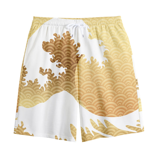 Golden Kanagawa Wave Print Cotton Shorts